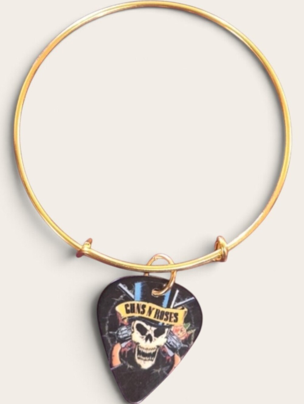 Gold Bangle with Black Guns N Roses Guitar Pick Charm